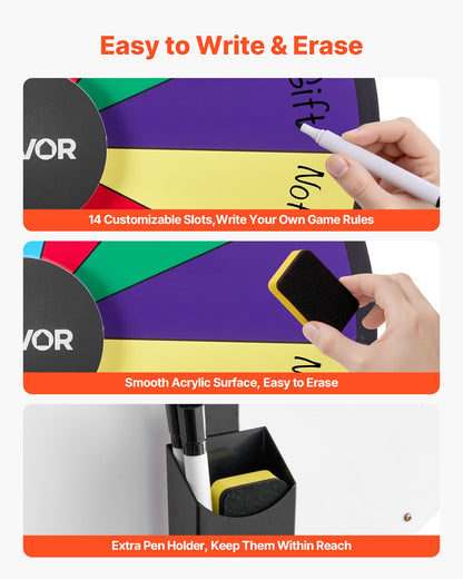 24 in Spinning Prize Wheel, 14 Slots Spinning Wheel with Stand, Tabletop Win Fortune Roulette with a Dry Erase and 2 Markers, 6 Colors, Easy Assembly, for Party Pub Trade Show Carnival Events