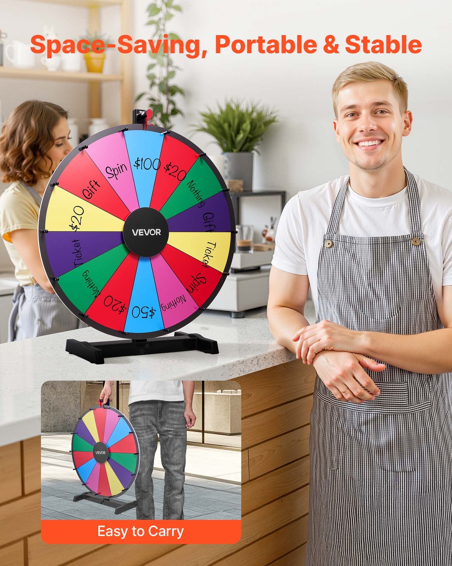 24 in Spinning Prize Wheel, 14 Slots Spinning Wheel with Stand, Tabletop Win Fortune Roulette with a Dry Erase and 2 Markers, 6 Colors, Easy Assembly, for Party Pub Trade Show Carnival Events