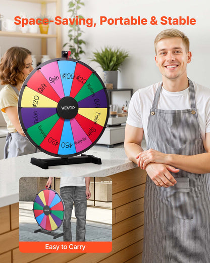 24 in Spinning Prize Wheel, 14 Slots Spinning Wheel with Stand, Tabletop Win Fortune Roulette with a Dry Erase and 2 Markers, 6 Colors, Easy Assembly, for Party Pub Trade Show Carnival Events