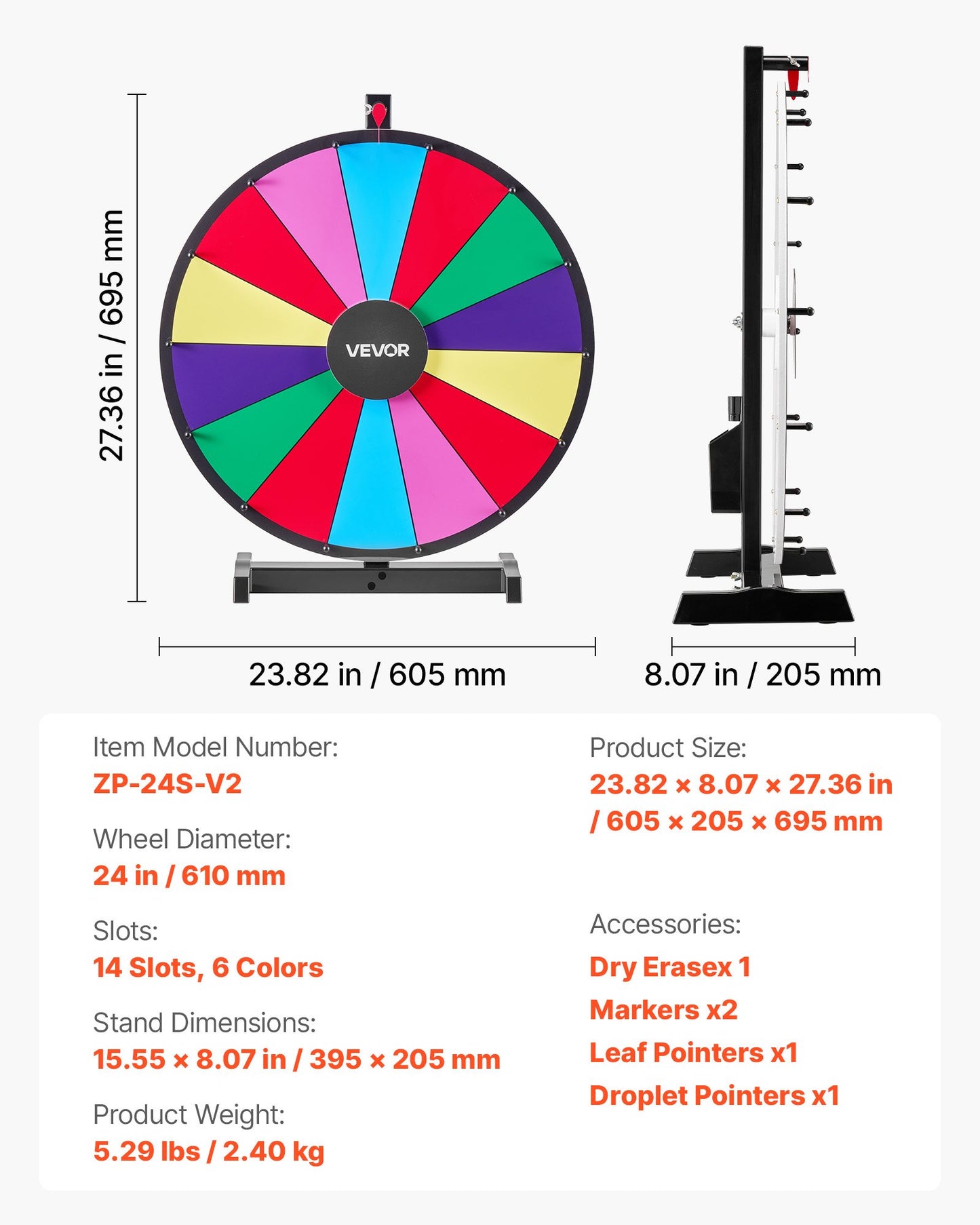 24 in Spinning Prize Wheel, 14 Slots Spinning Wheel with Stand, Tabletop Win Fortune Roulette with a Dry Erase and 2 Markers, 6 Colors, Easy Assembly, for Party Pub Trade Show Carnival Events