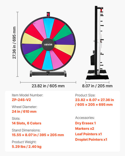 24 in Spinning Prize Wheel, 14 Slots Spinning Wheel with Stand, Tabletop Win Fortune Roulette with a Dry Erase and 2 Markers, 6 Colors, Easy Assembly, for Party Pub Trade Show Carnival Events