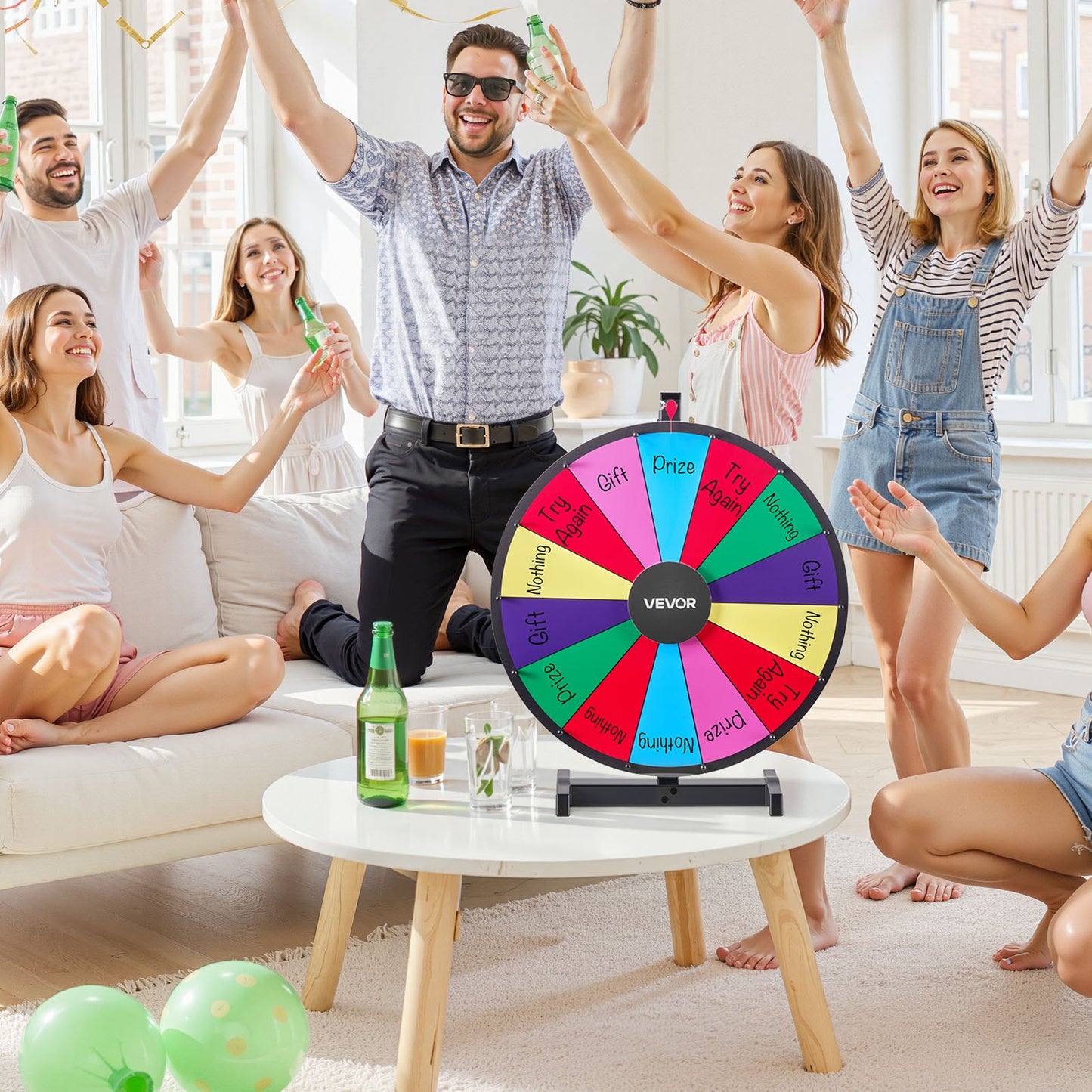 24 in Spinning Prize Wheel, 14 Slots Spinning Wheel with Stand, Tabletop Win Fortune Roulette with a Dry Erase and 2 Markers, 6 Colors, Easy Assembly, for Party Pub Trade Show Carnival Events