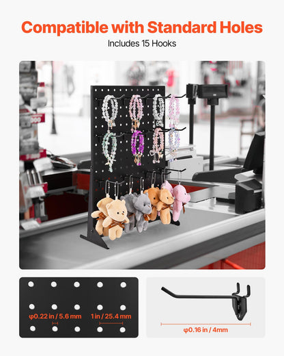 Pegboard Display Stand, 17 x 13 Inch Tabletop Pegboard Display Stand with 15 Hooks, Thickened Cold-Rolled Steel Peg Board Panel for Grocery, Retail Store and Jewelry Shop, Black (1 PCS)