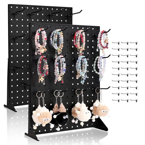 Pegboard Display Stand, 17 x 13 Inch Tabletop Pegboard Display Stand with 30 Hooks, Thickened Cold-Rolled Steel Peg Board Panel for Grocery, Retail Store and Jewelry Shop, Black (2 PCS)