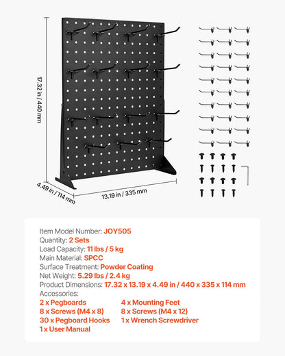 Pegboard Display Stand, 17 x 13 Inch Tabletop Pegboard Display Stand with 30 Hooks, Thickened Cold-Rolled Steel Peg Board Panel for Grocery, Retail Store and Jewelry Shop, Black (2 PCS)