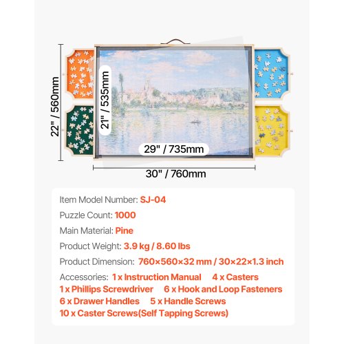 1000-teiliges Puzzlebrett mit Schubladendeckel Tragbares Holzpuzzle 73x53cm