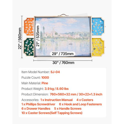 1000-teiliges Puzzlebrett mit Schubladendeckel Tragbares Holzpuzzle 73x53cm
