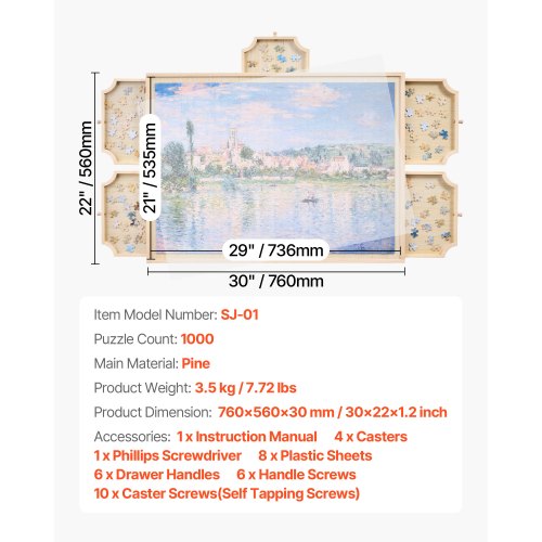 1000-teiliges Puzzlebrett mit Schubladendeckel Tragbares Holzpuzzle 74x53cm