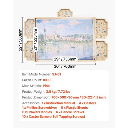 1000-teiliges Puzzlebrett mit Schubladendeckel Tragbares Holzpuzzle 74x53cm