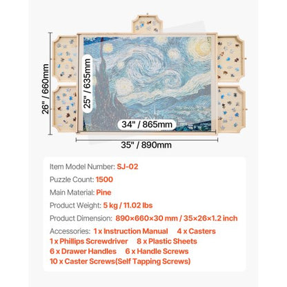 1500-bitars pusselbräde med lådlock Bärbart trästicksåg 86x63cm