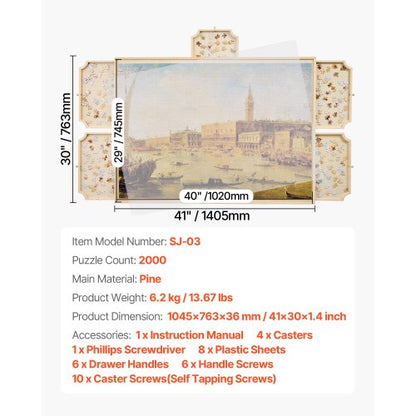 2000-piece puzzle board with drawer lid Portable wooden jigsaw 102x74cm