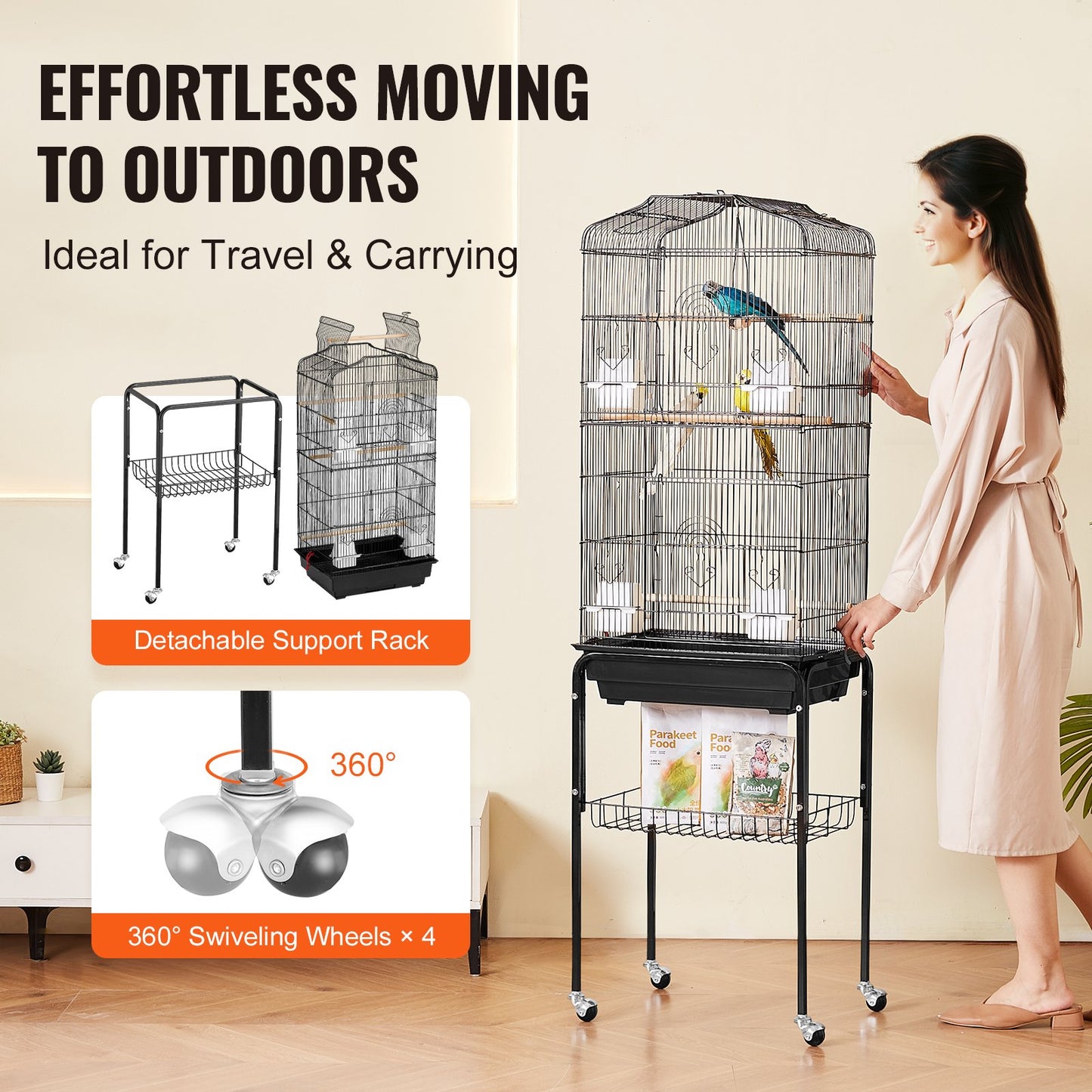 Großer Vogelkäfig, 62 Zoll, rollender Sittichkäfig aus Metall für Nymphensittiche und Papageien