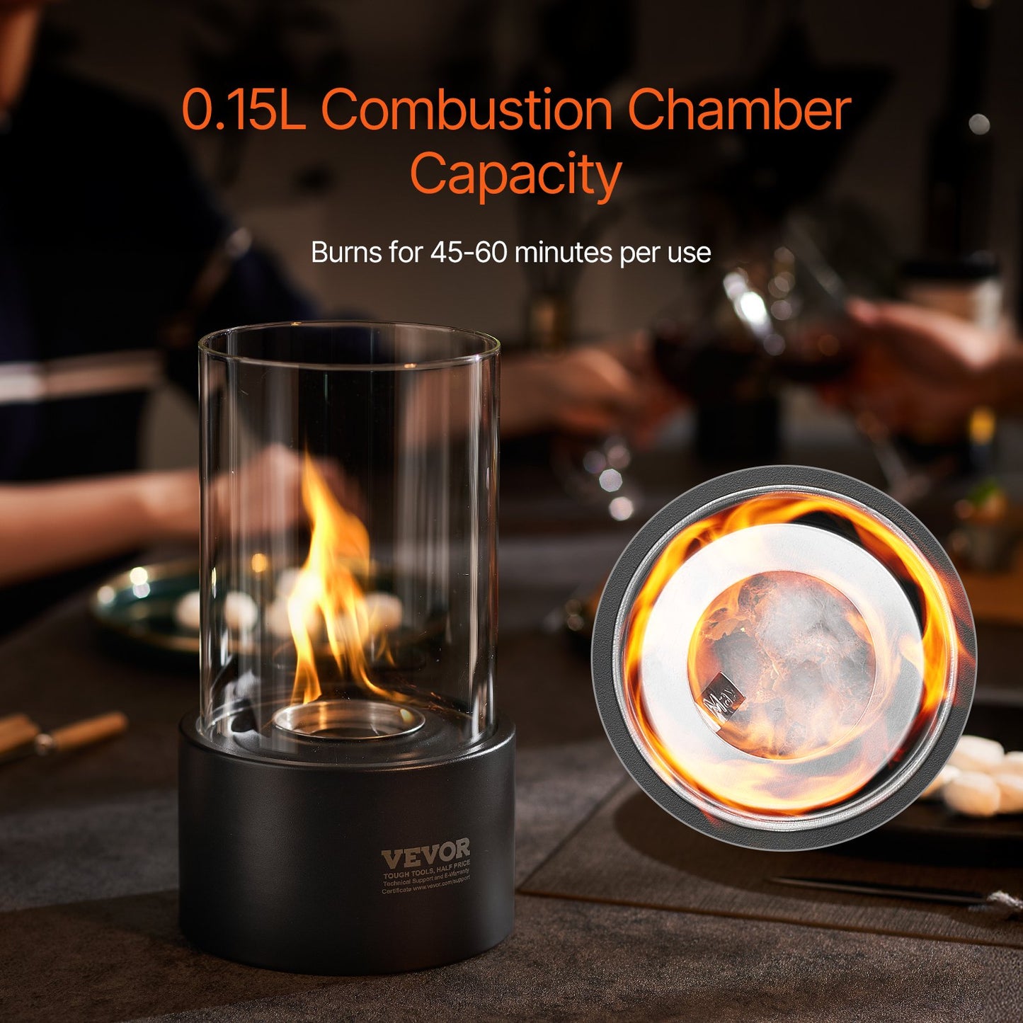 Bordsskiva Fire Pit 6 tums metall öppen spis inomhus utomhus med glas