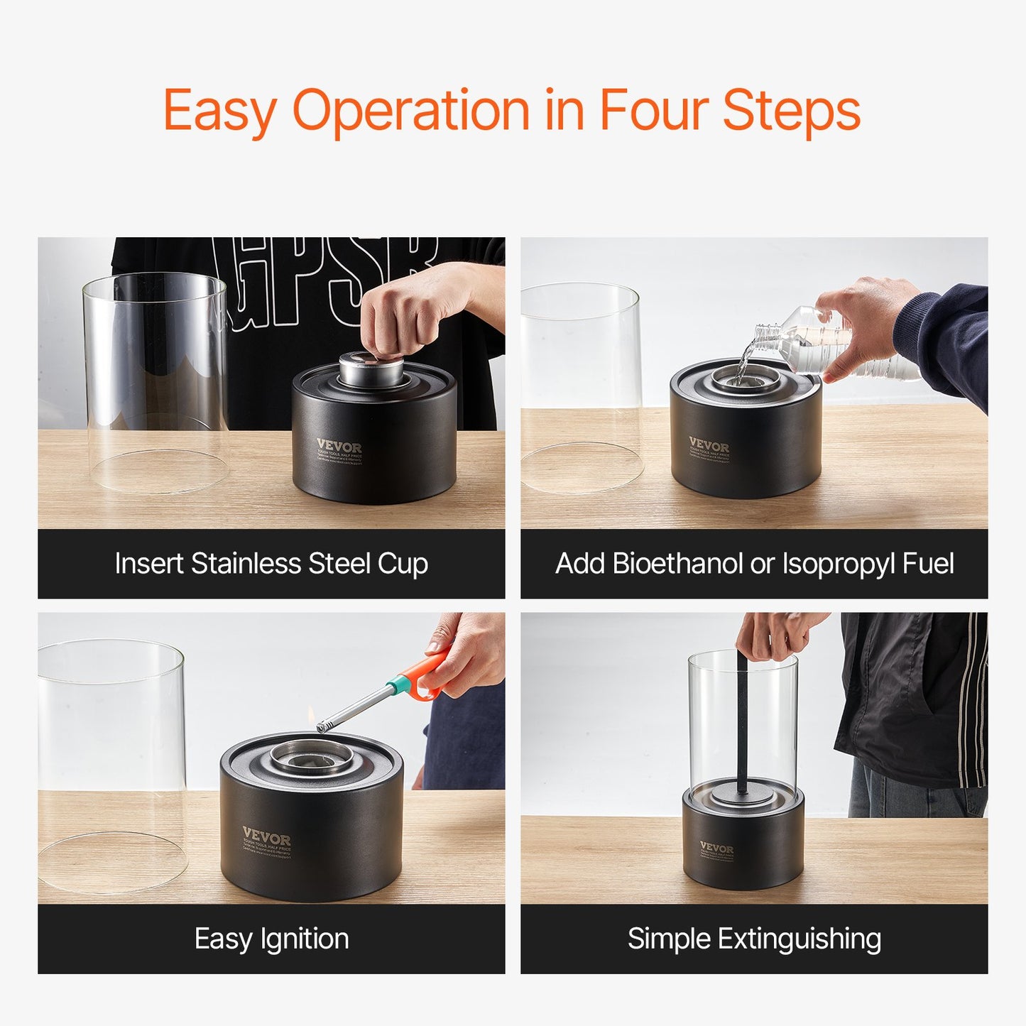 Bordsskiva Fire Pit 6 tums metall öppen spis inomhus utomhus med glas