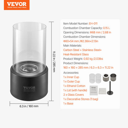 Bordsskiva Fire Pit 6 tums metall öppen spis inomhus utomhus med glas