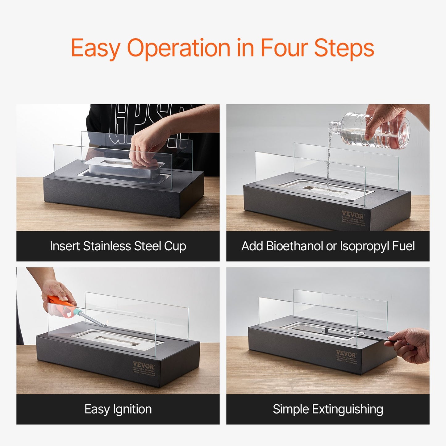 Bordsskiva Fire Pit 14 tums metall öppen spis inomhus utomhus med glas