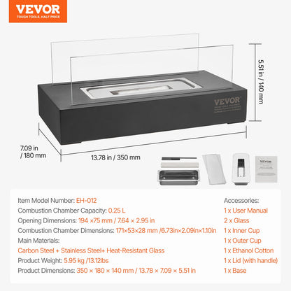 Bordsskiva Fire Pit 14 tums metall öppen spis inomhus utomhus med glas