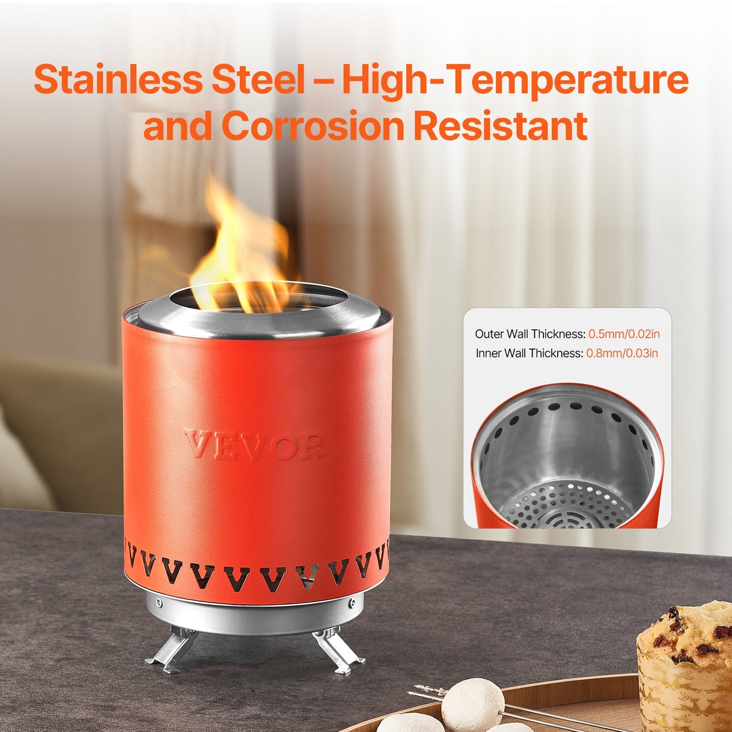 Bordsskiva Fire Pit 6 tums eldstad i rostfritt stål inomhus utomhus Röd