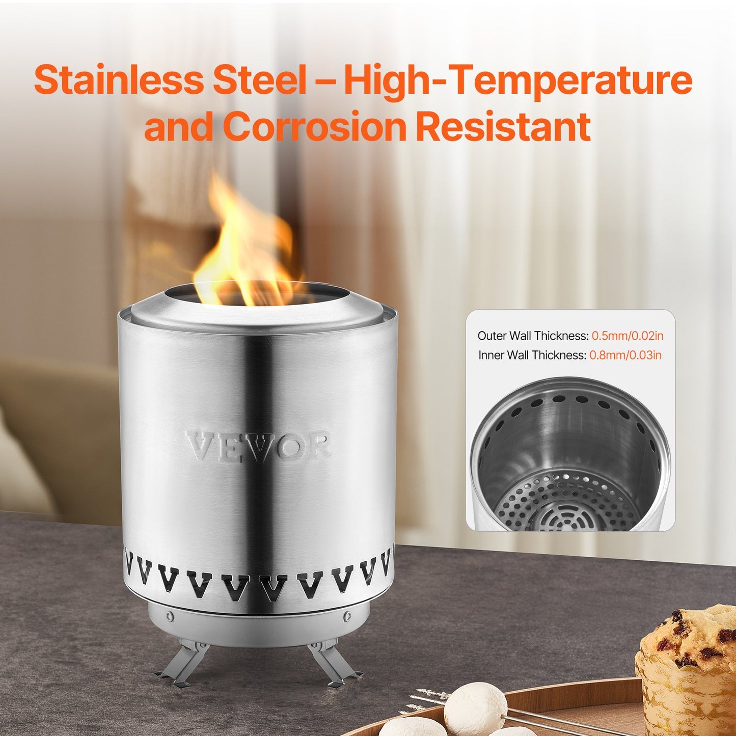 Bordsskiva Fire Pit 6 tums eldstad i rostfritt stål inomhus utomhus silver