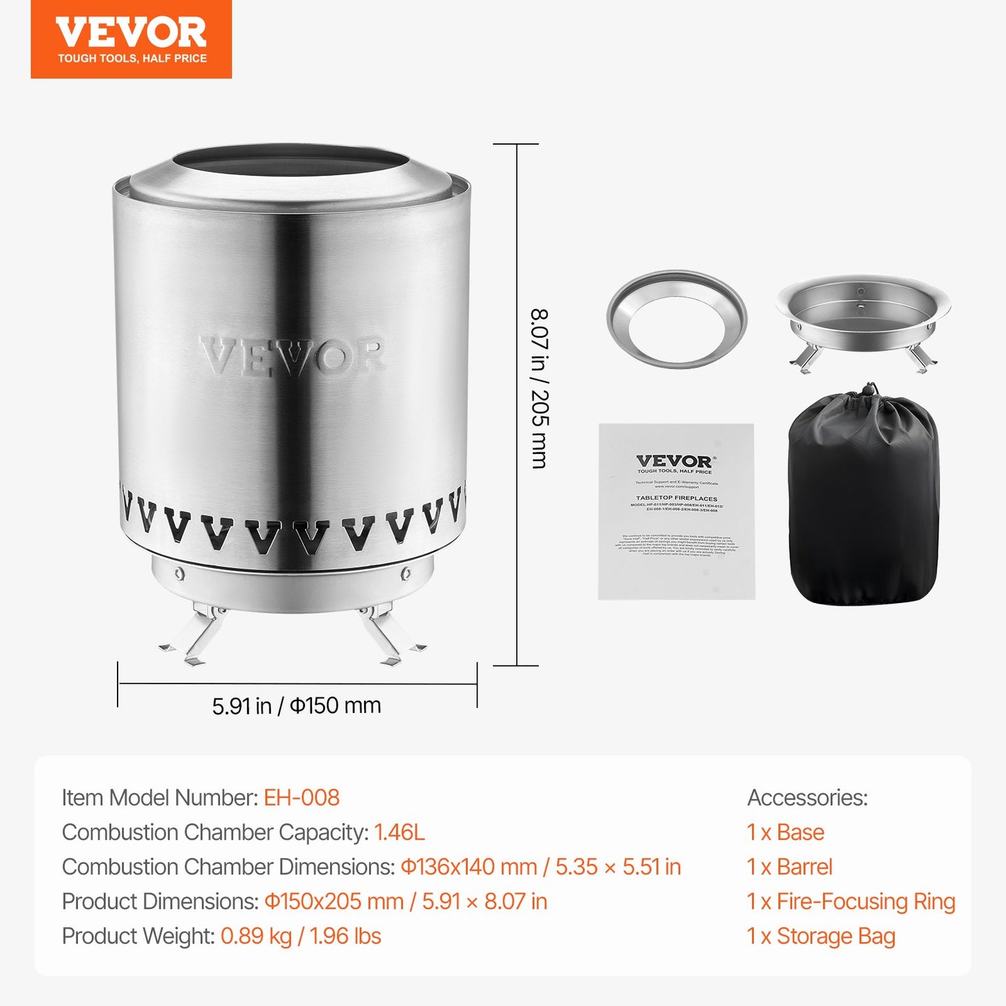 Bordsskiva Fire Pit 6 tums eldstad i rostfritt stål inomhus utomhus silver