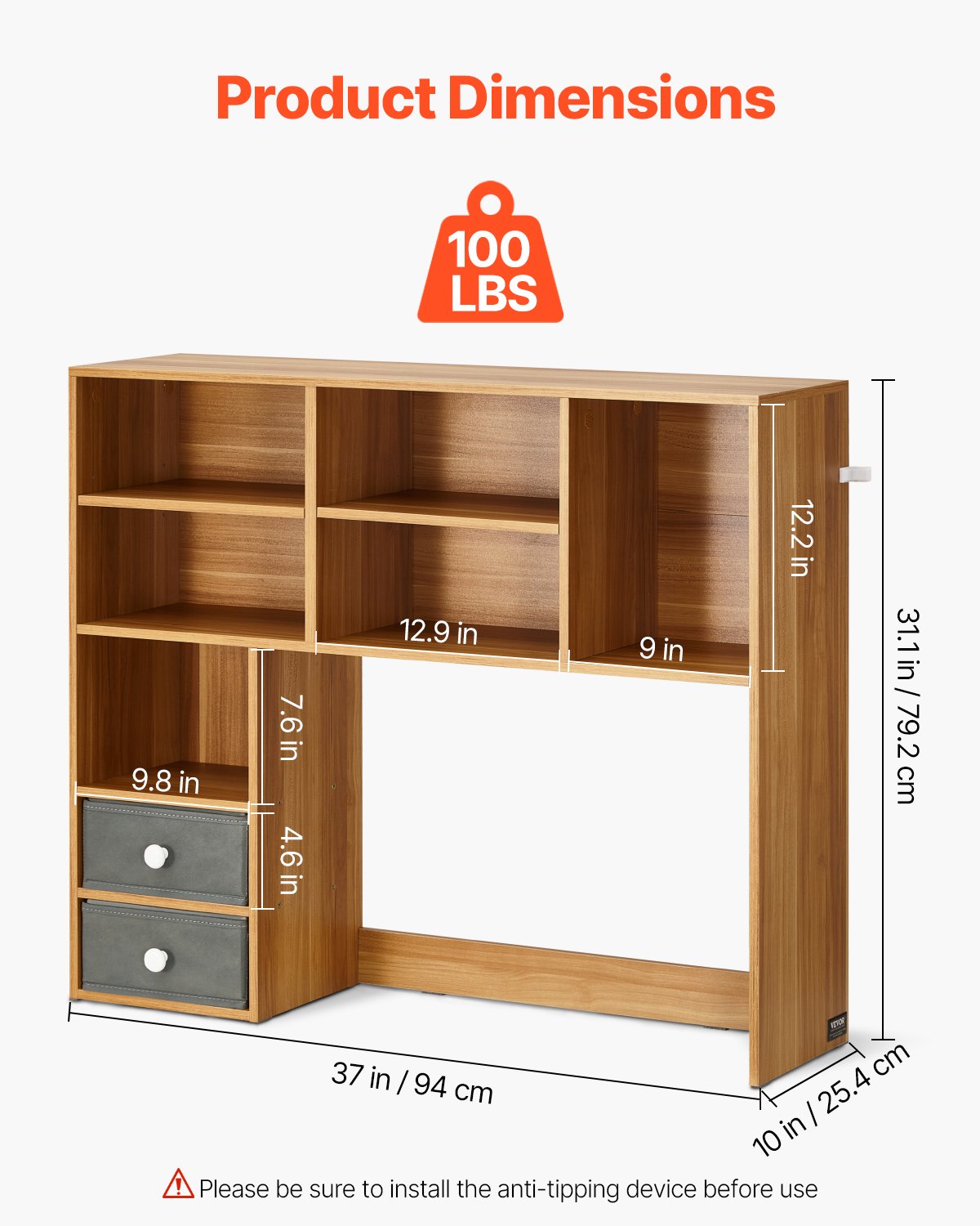 Desktop Bookshelf, 3-Tier Wood Desktop Storage Organizer, 37" x 10" x 31.1" Office Storage Rack Wood Display Shelf, Desktop Bookshelf Hutch with Two Fabric Drawers, for Office, Home & Dorm