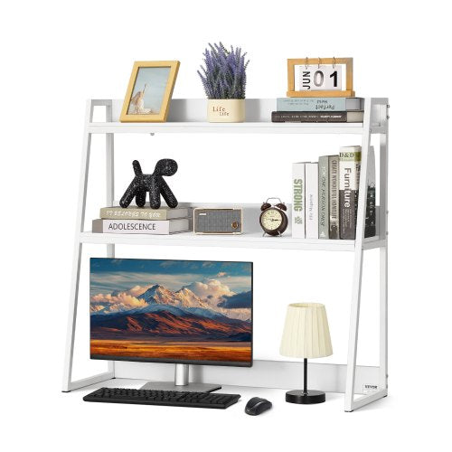 Desktop Bookshelf, 2-Tier Desktop Storage Organizer, 37.4" x 12.6" x 35.4" Office Desk Storage Rack Display Shelf, Desktop Bookshelf Hutch with Anti-Slip Feet Pads, for Office, Home & Dorm, White