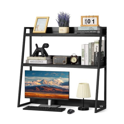 Desktop Bookshelf, 2-Tier Desktop Storage Organizer, 37.4" x 12.6" x 35.4" Office Desk Storage Rack Display Shelf, Desktop Bookshelf Hutch with Anti-Slip Feet Pads, for Office, Home & Dorm, Black