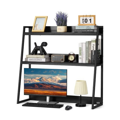Desktop Bookshelf, 2-Tier Desktop Storage Organizer, 37.4" x 12.6" x 35.4" Office Desk Storage Rack Display Shelf, Desktop Bookshelf Hutch with Anti-Slip Feet Pads, for Office, Home & Dorm, Black