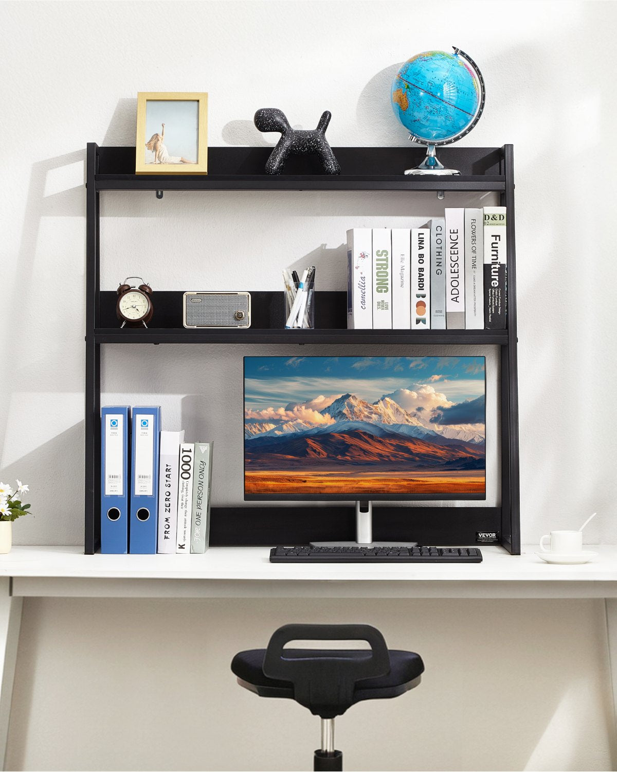 Desktop Bookshelf, 2-Tier Desktop Storage Organizer, 37.4" x 12.6" x 35.4" Office Desk Storage Rack Display Shelf, Desktop Bookshelf Hutch with Anti-Slip Feet Pads, for Office, Home & Dorm, Black