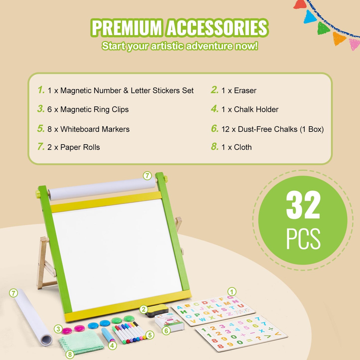 Tabletop Art Easel for Kids, 3-in-1 Wooden Double-Sided Kid's Art Easel with Magnetic Whiteboard, Chalkboard, Paper Roll, Foldable Portable Drawing Board with Painting Accessories for Boys Girls