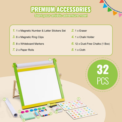Tabletop Art Easel for Kids, 3-in-1 Wooden Double-Sided Kid's Art Easel with Magnetic Whiteboard, Chalkboard, Paper Roll, Foldable Portable Drawing Board with Painting Accessories for Boys Girls