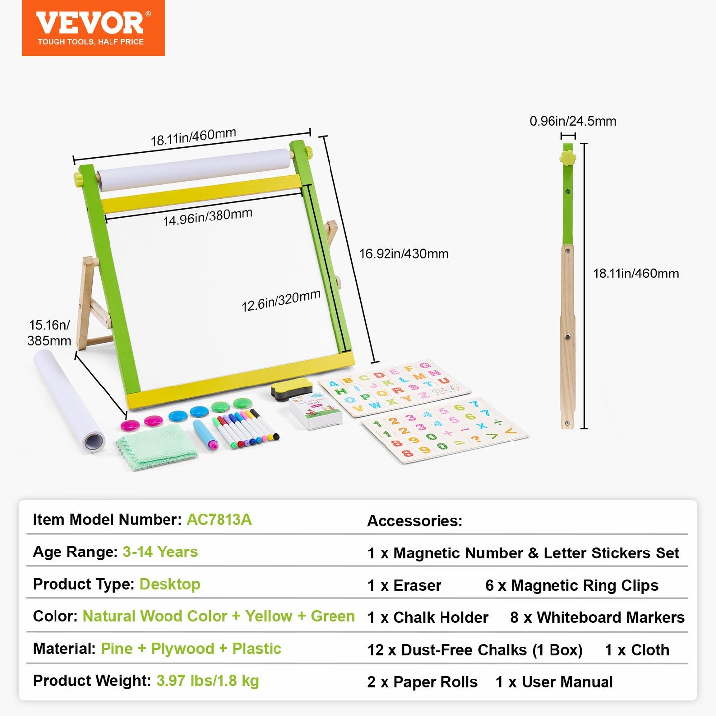 Tabletop Art Easel for Kids, 3-in-1 Wooden Double-Sided Kid's Art Easel with Magnetic Whiteboard, Chalkboard, Paper Roll, Foldable Portable Drawing Board with Painting Accessories for Boys Girls