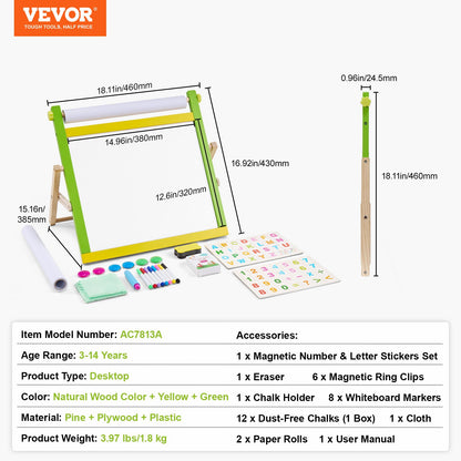 Tabletop Art Easel for Kids, 3-in-1 Wooden Double-Sided Kid's Art Easel with Magnetic Whiteboard, Chalkboard, Paper Roll, Foldable Portable Drawing Board with Painting Accessories for Boys Girls