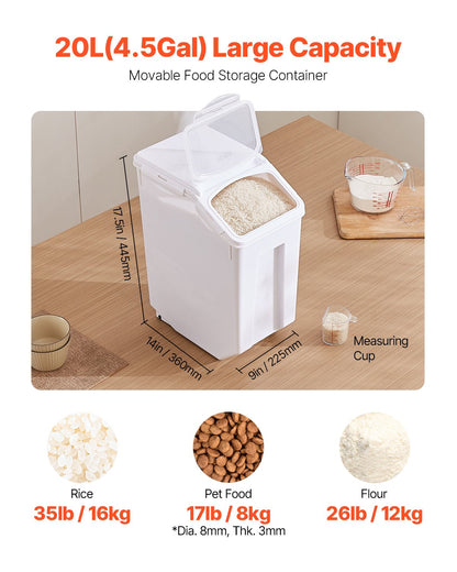 Rice Storage Container, 4.5Gallon/20L Capacity Large Dog Food Dispenser Bin, Kitchen Ingredient Grain Cereal Flour Bin, Pet food Containers with Wheels, Measuring Cup, Airtight Lid, 1 Pack