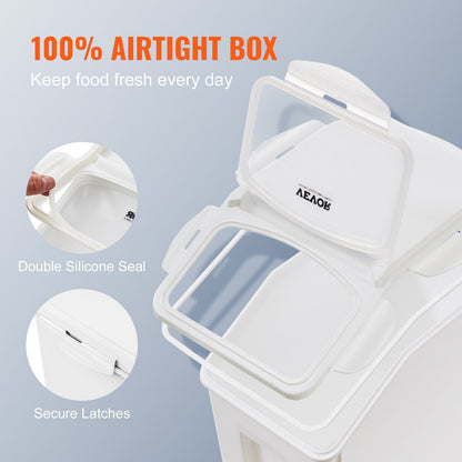 Ingredient Storage Bin, 2 x 15L Dispenser Bin with 2 Measuring Cups, Attachable Casters and Airtight Lid, 2 Pcs/Set Dog Pet Food Storage Container, PP Material Kitchen Rice Cereal Flour Bin