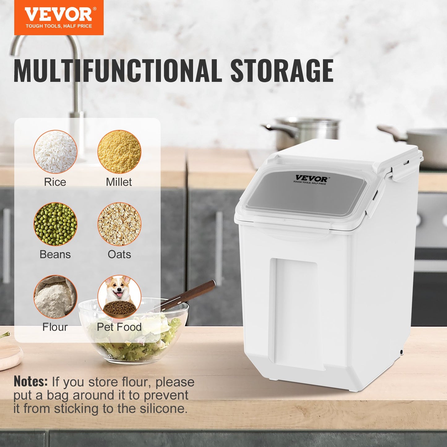 Ingredient Storage Bin, 2 x 15L Dispenser Bin with 2 Measuring Cups, Attachable Casters and Airtight Lid, 2 Pcs/Set Dog Pet Food Storage Container, PP Material Kitchen Rice Cereal Flour Bin