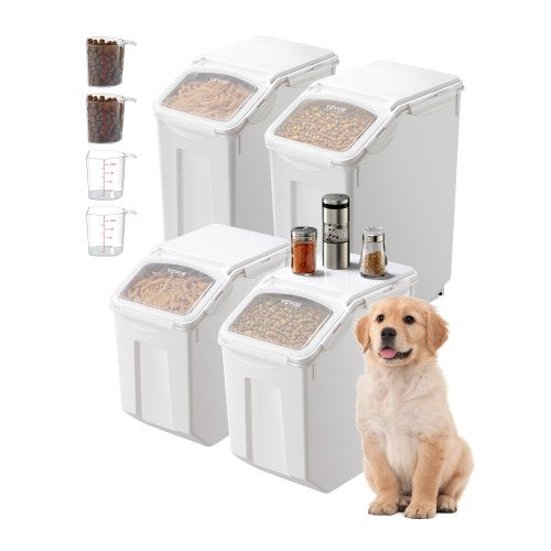 Rice Storage Container, 3.5Gal/15Lx2 + 4.5Gal/20Lx2 Large Dog Food Dispenser Bin, Kitchen Ingredient Grain Cereal Bin, Pet food Containers with Wheels, 4 Measuring Cups, Airtight Lid, 4 Pack