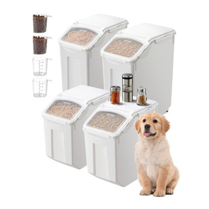 Rice Storage Container, 3.5Gal/15Lx2 + 4.5Gal/20Lx2 Large Dog Food Dispenser Bin, Kitchen Ingredient Grain Cereal Bin, Pet food Containers with Wheels, 4 Measuring Cups, Airtight Lid, 4 Pack
