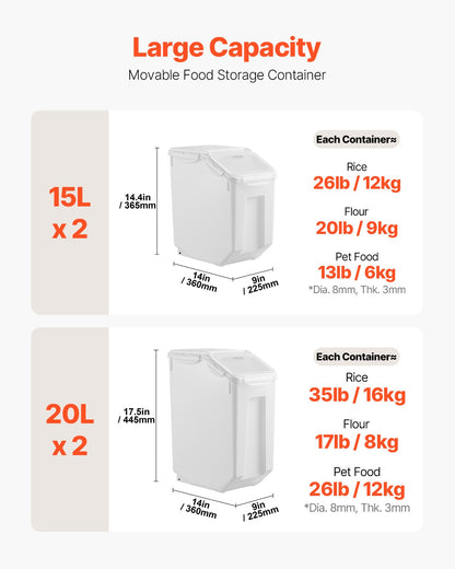 Rice Storage Container, 3.5Gal/15Lx2 + 4.5Gal/20Lx2 Large Dog Food Dispenser Bin, Kitchen Ingredient Grain Cereal Bin, Pet food Containers with Wheels, 4 Measuring Cups, Airtight Lid, 4 Pack