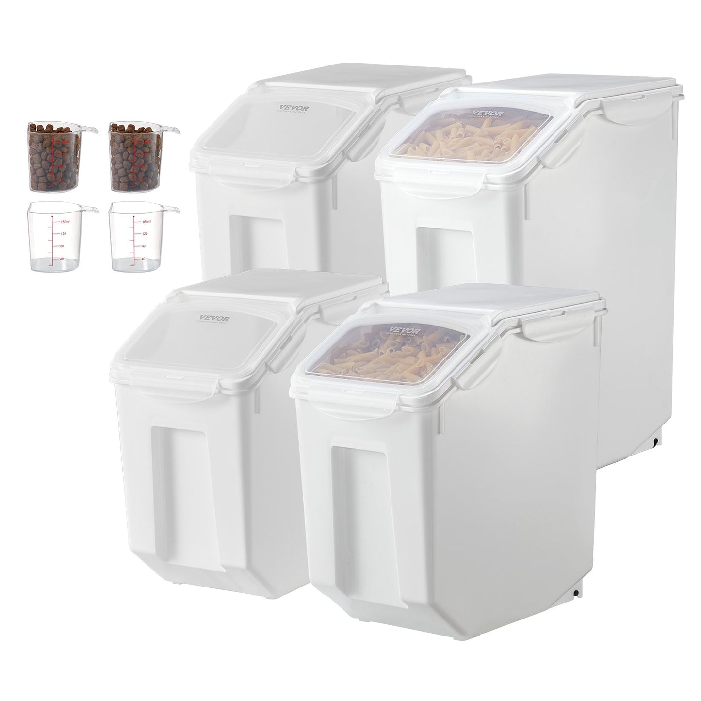 Rice Storage Container, 3.5Gal/15Lx2 + 4.5Gal/20Lx2 Large Dog Food Dispenser Bin, Kitchen Ingredient Grain Cereal Bin, Pet food Containers with Wheels, 4 Measuring Cups, Airtight Lid, 4 Pack