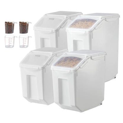 Rice Storage Container, 3.5Gal/15Lx2 + 4.5Gal/20Lx2 Large Dog Food Dispenser Bin, Kitchen Ingredient Grain Cereal Bin, Pet food Containers with Wheels, 4 Measuring Cups, Airtight Lid, 4 Pack