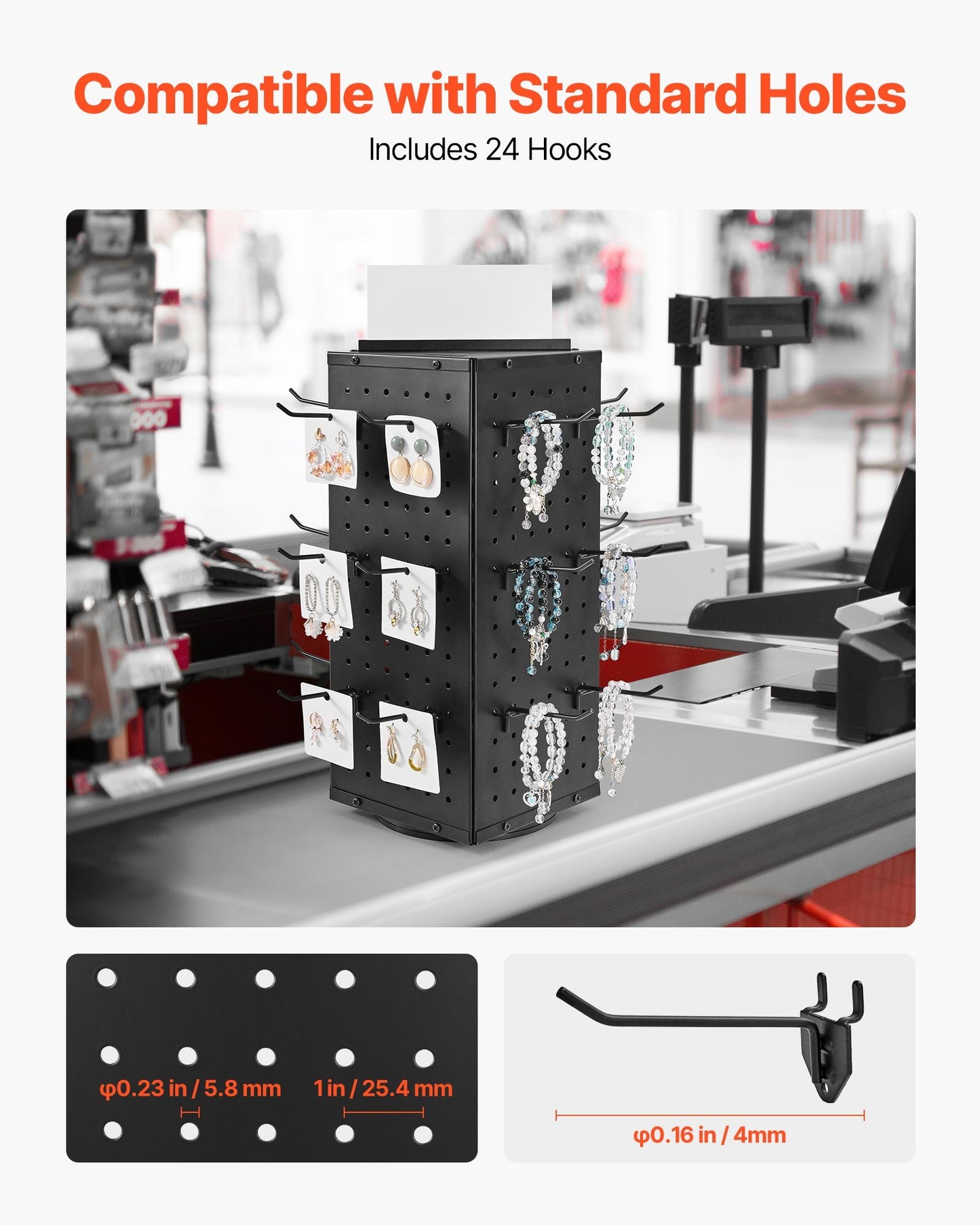 Rotating Pegboard Display Stand, 7.4 x 7.4 x 17 in 4-Sided Spinning Peg Board Display with 24 Hooks, Thickened Cold-Rolled Steel Craft Rack Organizer for Grocery Retail Store Jewelry Shop, Black
