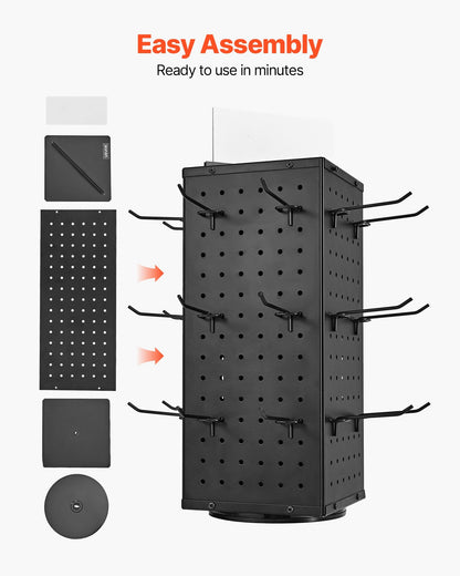 Rotating Pegboard Display Stand, 7.4 x 7.4 x 17 in 4-Sided Spinning Peg Board Display with 24 Hooks, Thickened Cold-Rolled Steel Craft Rack Organizer for Grocery Retail Store Jewelry Shop, Black