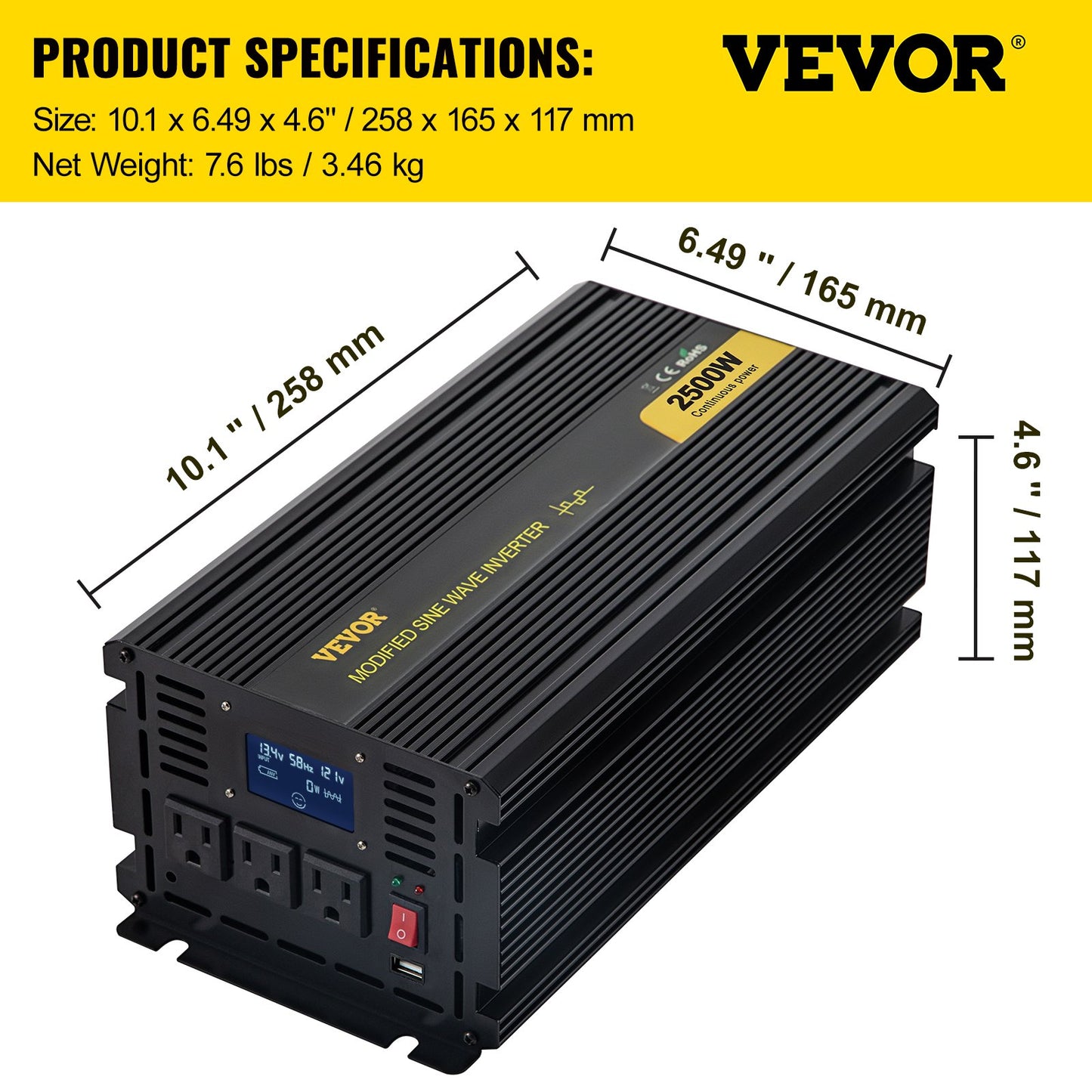 Power Inverter, 2500W Modified Sine Wave Inverter, DC 12V to AC 120V Car Converter, with LCD Display, Remote Controller, LED Indicator, AC Outlets Inverter for Truck RV Car Boat Travel Camping