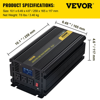 Power Inverter, 2500W Modified Sine Wave Inverter, DC 12V to AC 120V Car Converter, with LCD Display, Remote Controller, LED Indicator, AC Outlets Inverter for Truck RV Car Boat Travel Camping