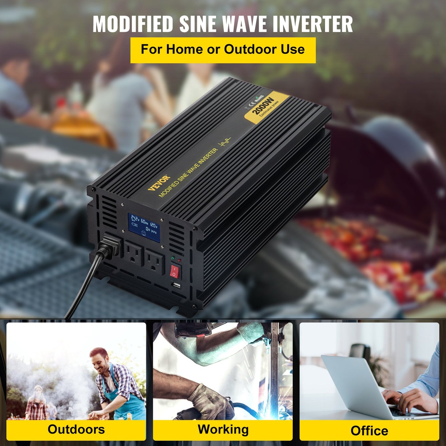 Power Inverter Modifierad Sine Wave Inverter 2000W DC 12V till AC 120V m/LCD