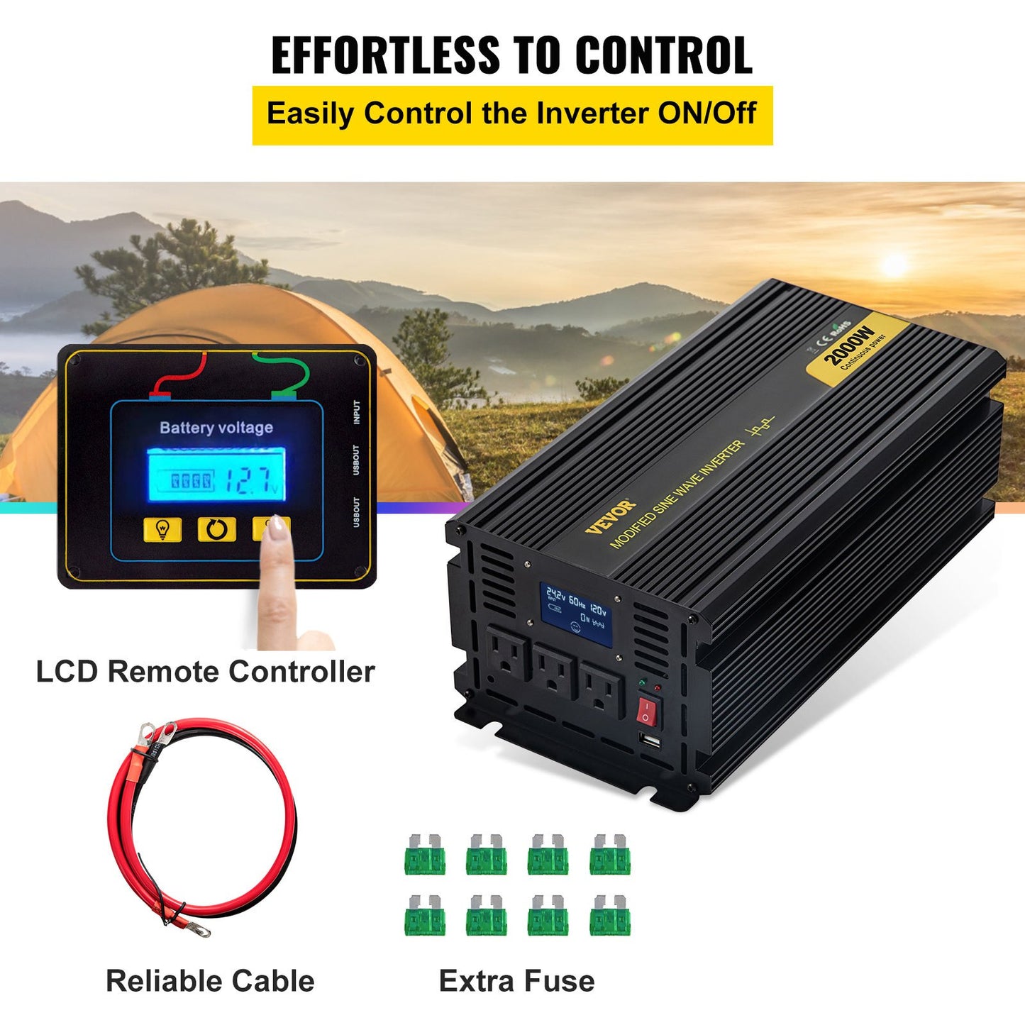 Power Inverter Modifierad Sine Wave Inverter 2000W DC 12V till AC 120V m/LCD