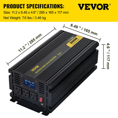 Power Inverter Modifierad Sine Wave Inverter 2000W DC 12V till AC 120V m/LCD
