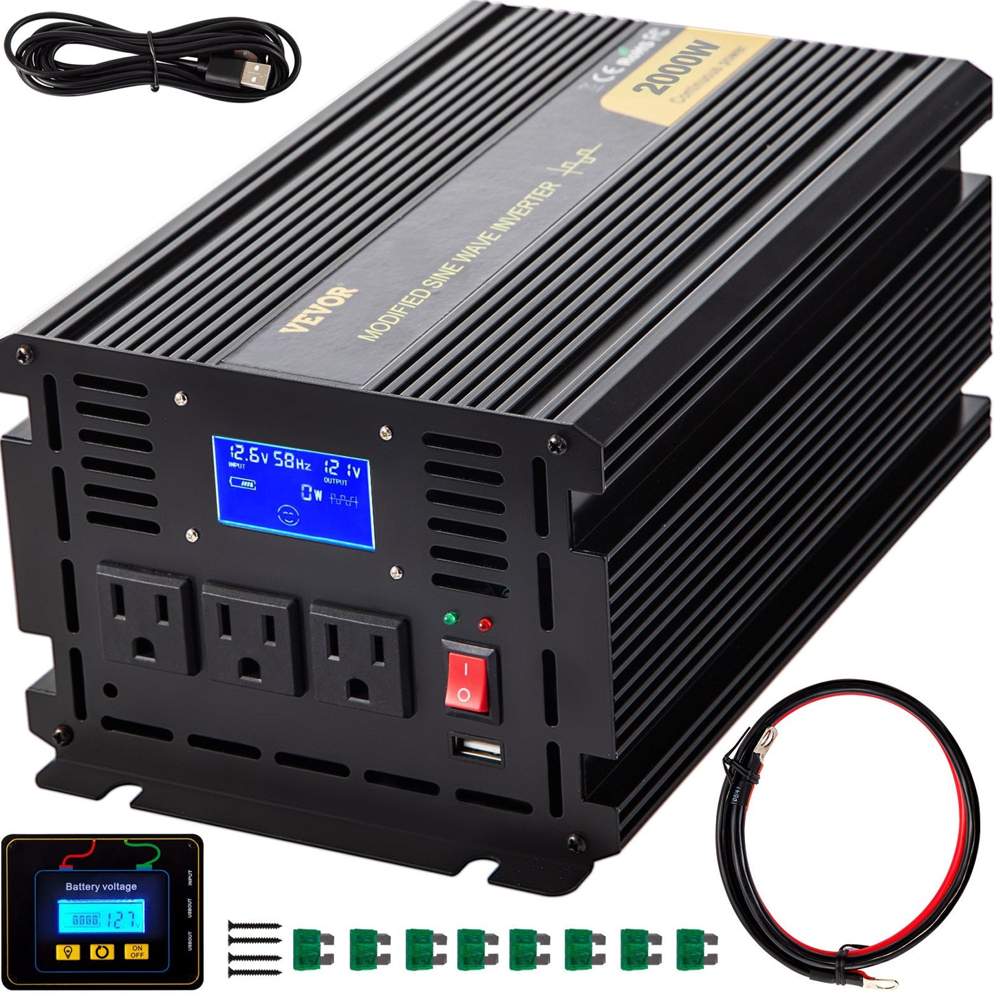 Power Inverter Modifierad Sine Wave Inverter 2000W DC 12V till AC 120V m/LCD