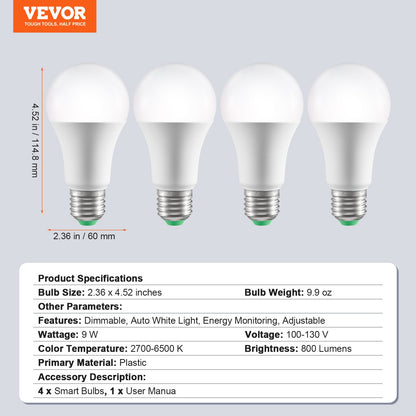 Smart Light Bulbs, 4-Pack, 9W Multicolor LED Bulbs, 800 Lumens with Smart Control Compatibility for Vera, Google Assistant, Amazon Alexa, iOS, Android, RGB Color Changing